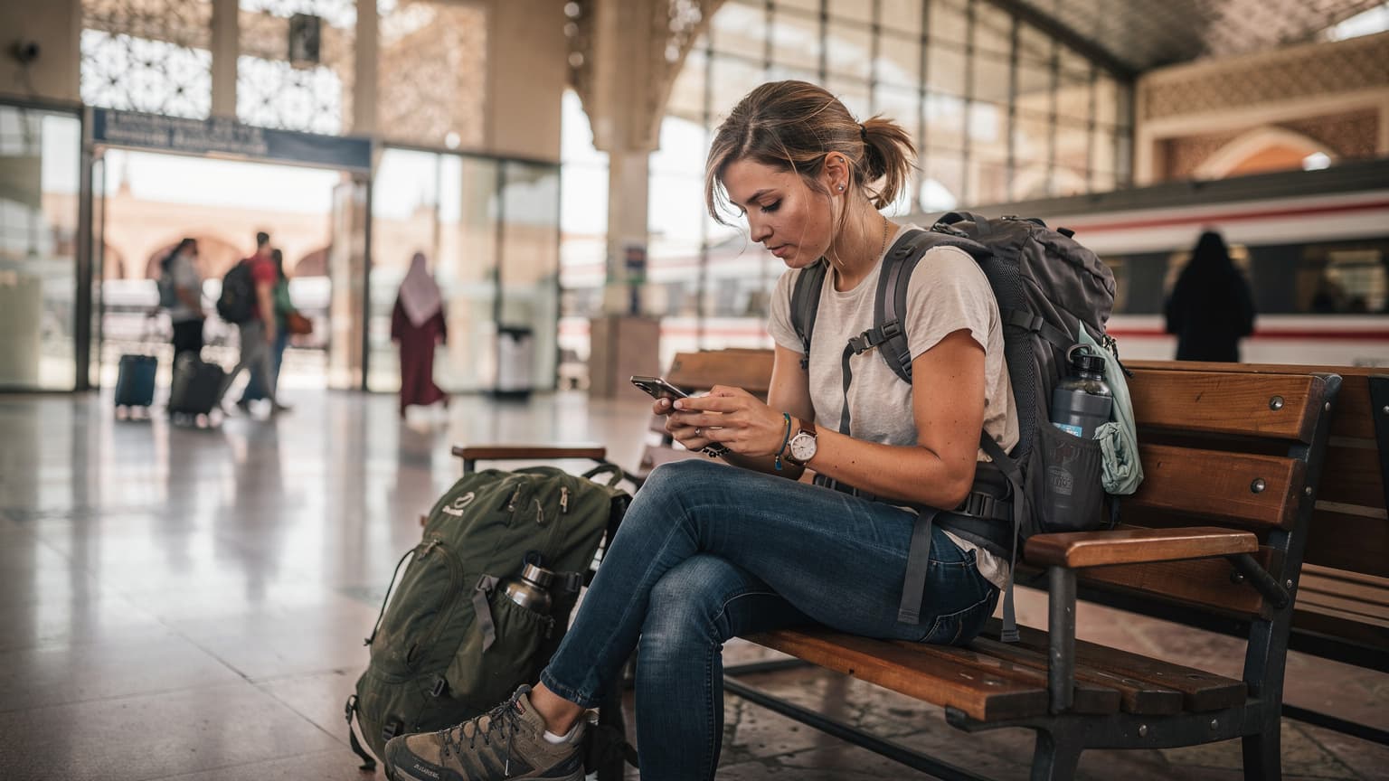 A young woman backpacker checks her phone for directions while sitting on a worn wooden bench at a bustling train station in Marrakech, Morocco, with her large backpack resting beside her.