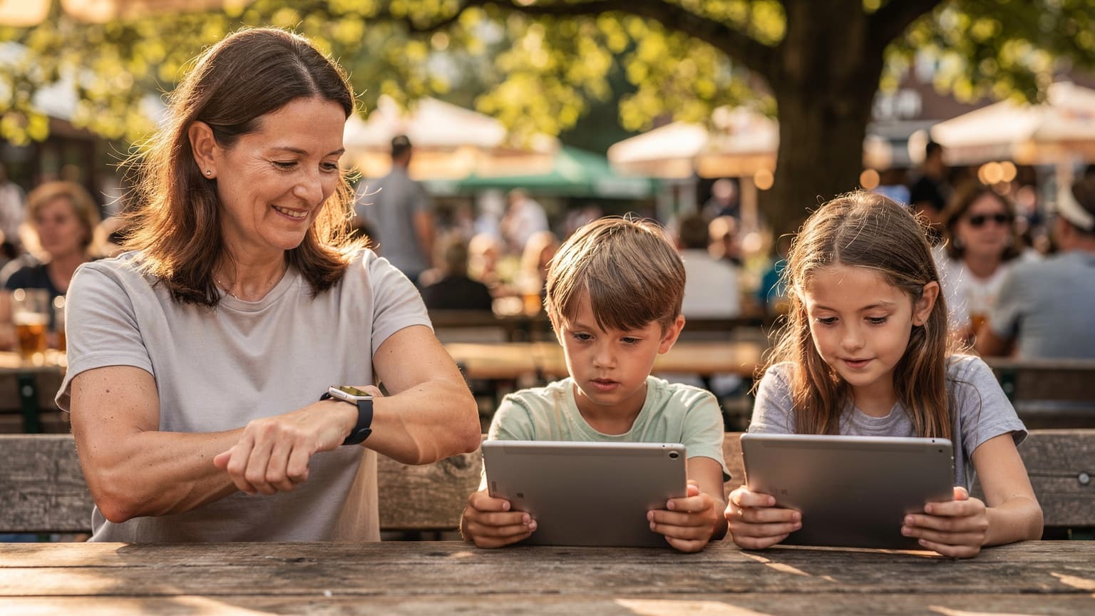 Eine Frau in ihren 40ern, die eine Apple Watch trägt, lächelt entspannt, während sie mit ihren beiden Kindern, die auf einer Parkbank sitzen und auf ihren iPads spielen, in einem belebten Münchner Biergarten sitzt.