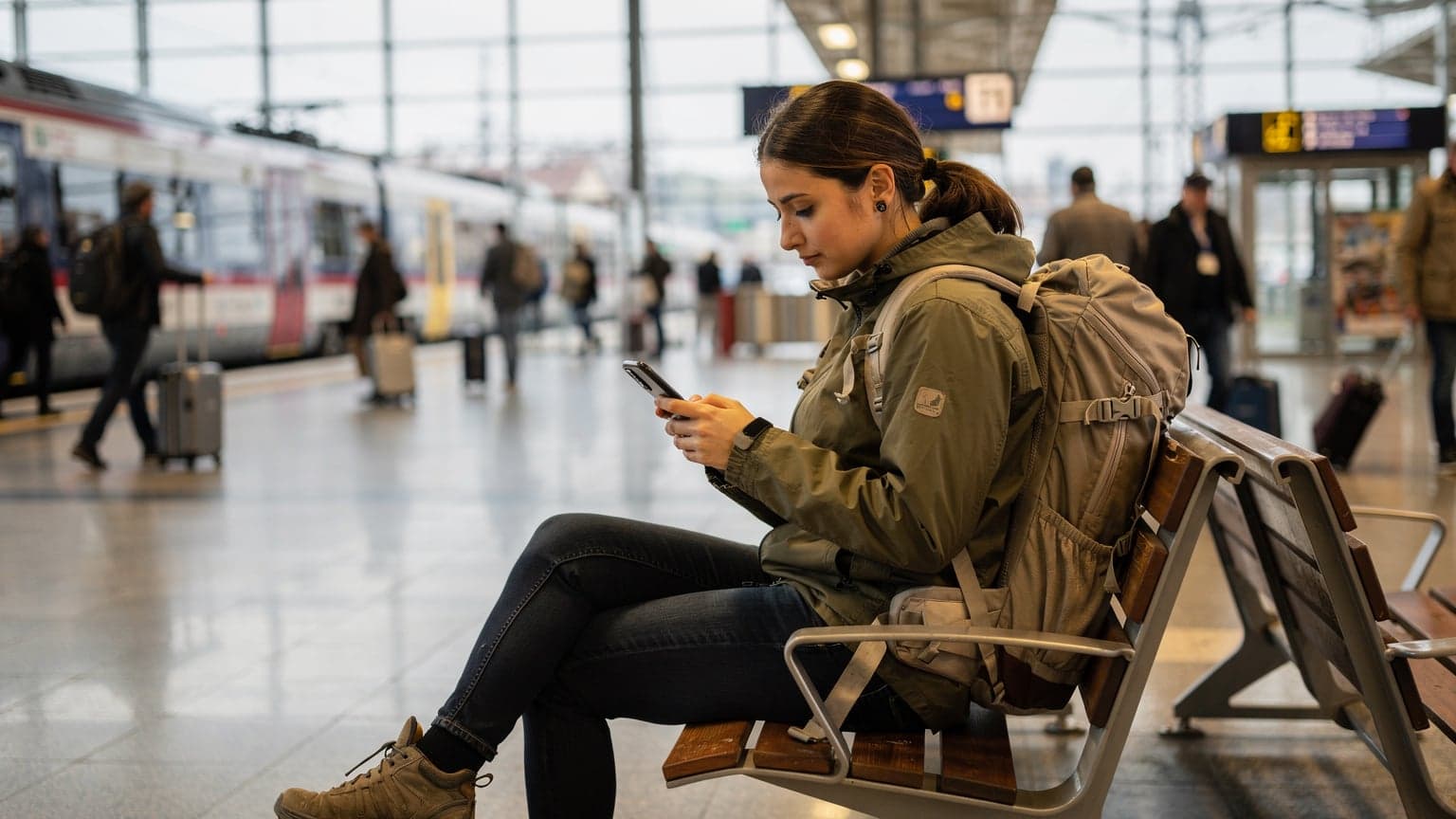 O tânără călătoare româncă verifică setările telefonului ei compatibil eSIM, stând pe o bancă în gara din Cluj-Napoca, cu un rucsac de călătorie la picioare și trenuri moderne pe fundal.