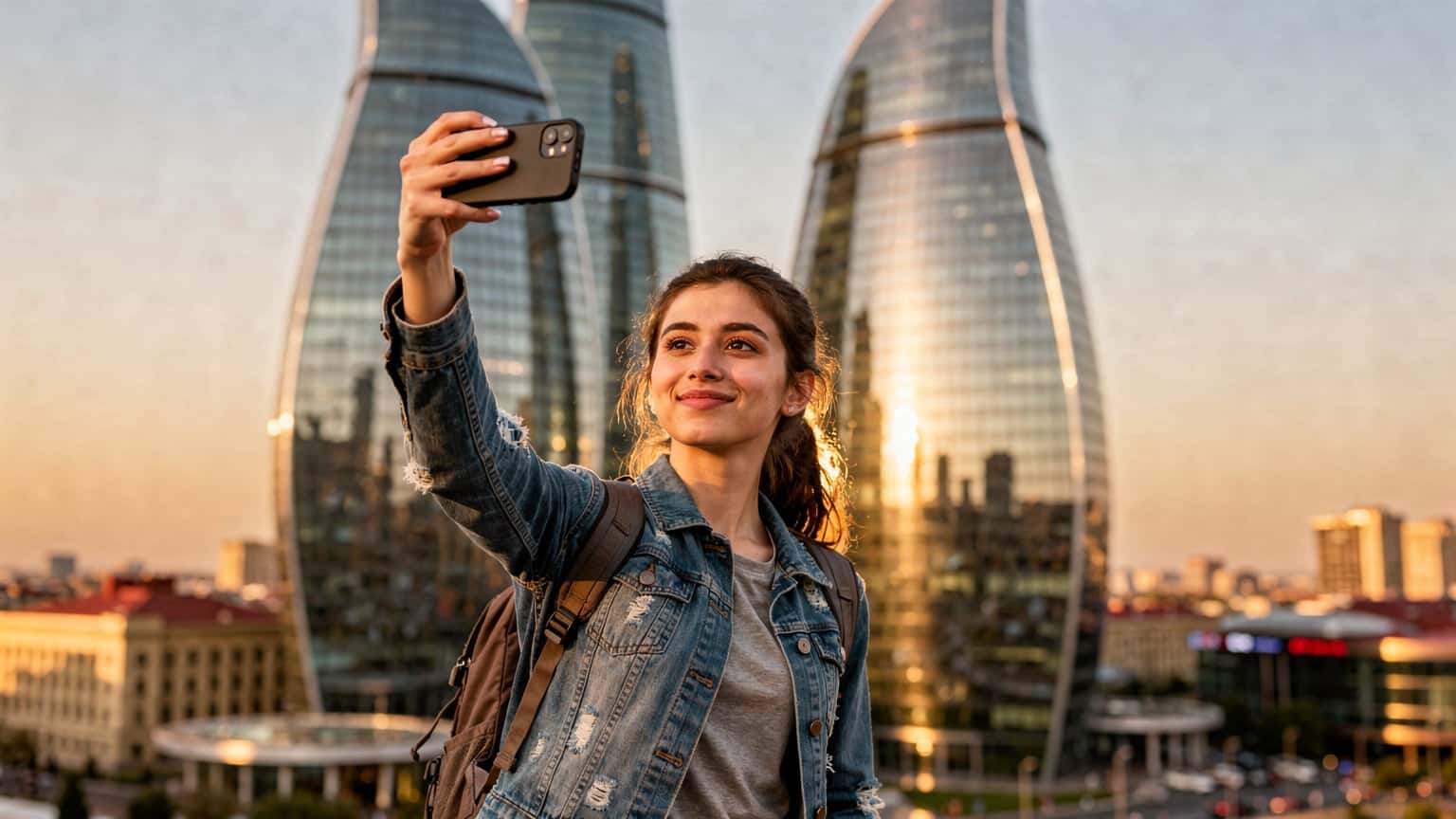 Bakü'nün modern mimarisi önünde, elinde telefon tutan genç bir sırt çantalı gezgin, şehrin enerjisini yakalayan bir selfie çekiyor.