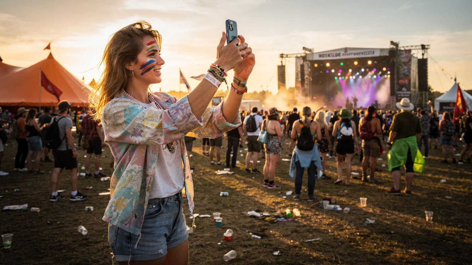 En ung festivalgænger holder sin telefon op for at fange et billede af scenen ved solnedgang på Roskilde Festival, med mange andre mennesker i baggrunden.