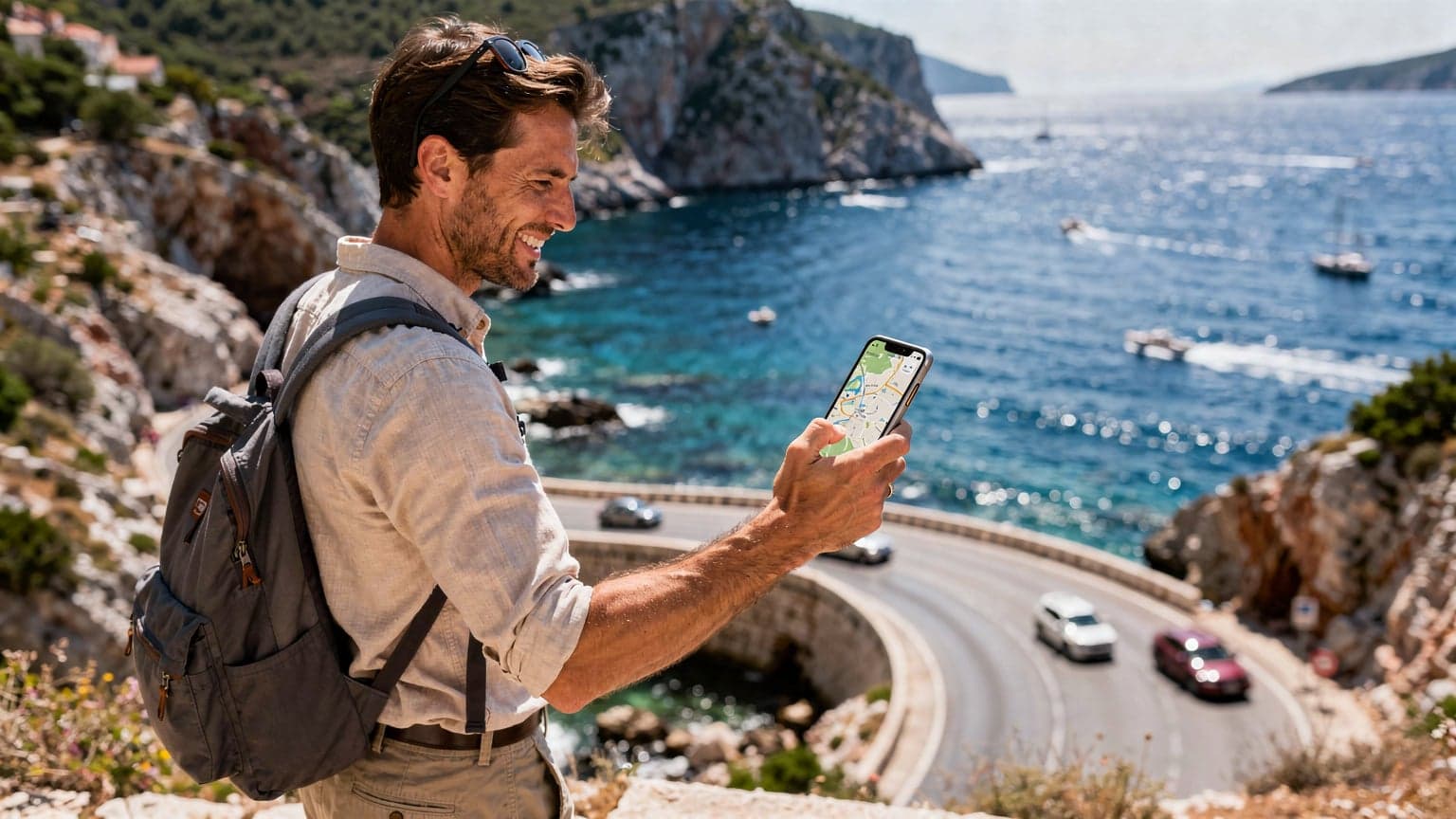 Un viaggiatore italiano sorride mentre naviga con il suo smartphone in mano, con una pittoresca strada costiera della Croazia che si snoda sullo sfondo, automobili che passano e il mare Adriatico scintillante sotto un sole di mezzogiorno.
