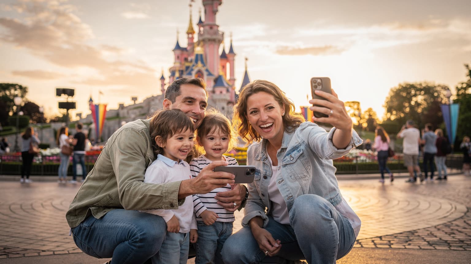 Une famille souriante, parents et enfants, devant le Château de la Belle au Bois Dormant à Disneyland Paris, chacun tenant un smartphone, partageant des photos de leur journée magique au coucher du soleil.