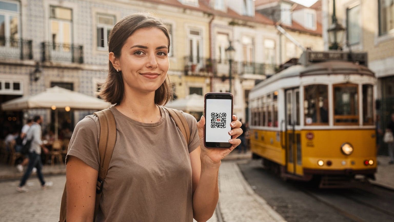 A woman confidently holds her smartphone, displaying a QR code, against the backdrop of a vibrant marketplace in Lisbon's Baixa district, ready for international travel.