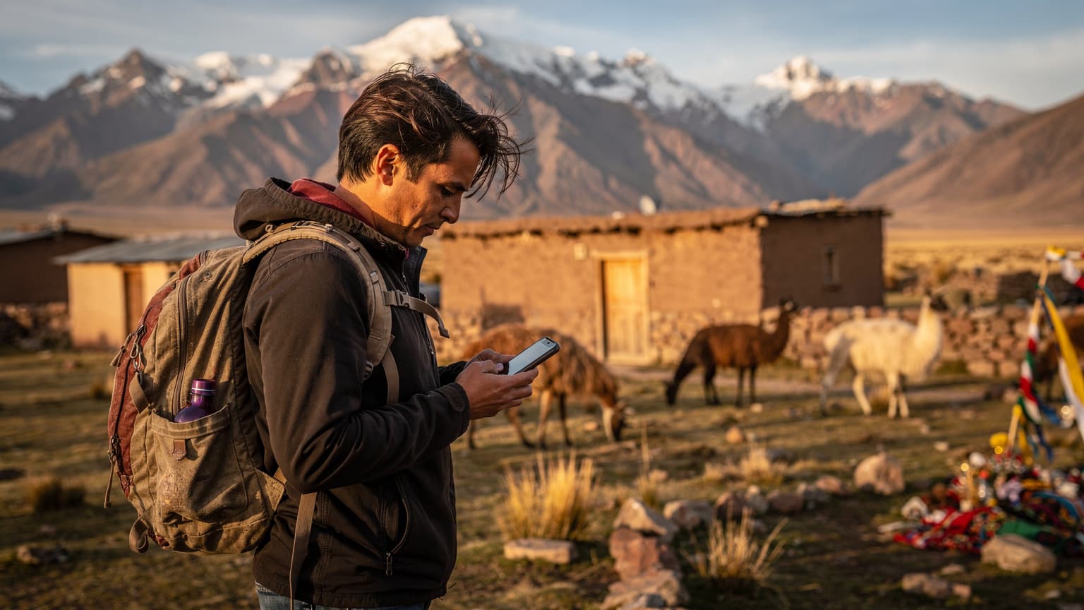 Un viajero con mochila, smartphone en mano, consultando un mapa digital mientras admira el impresionante paisaje montañoso del altiplano andino, con llamas pastando en la distancia y un cielo azul intenso.