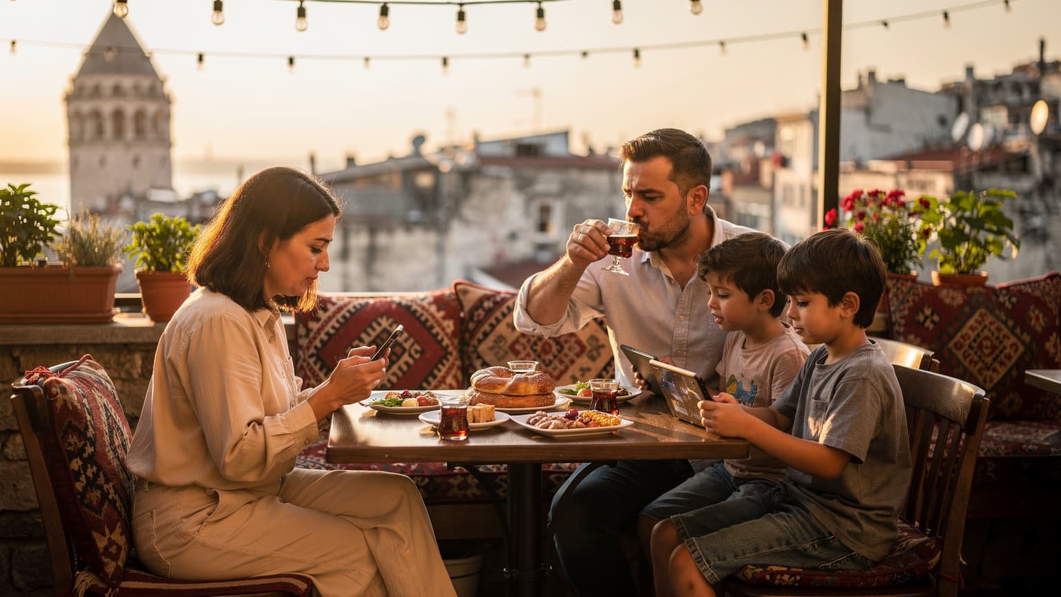 İstanbul'da bir aile, Galata Kulesi manzaralı bir kafede oturmuş, çocukları tabletleriyle meşgulken ebeveynler telefonlarından harita ve rezervasyonları kontrol ediyor.