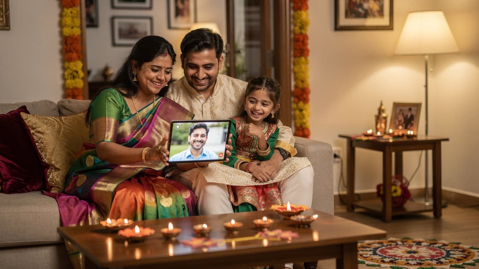 एक भारतीय परिवार अपने टैबलेट पर विदेश में पढ़ रहे अपने बच्चे के साथ दिवाली वीडियो कॉल कर रहा है, पृष्ठभूमि में दीयों और रंगोली की सजावट है.