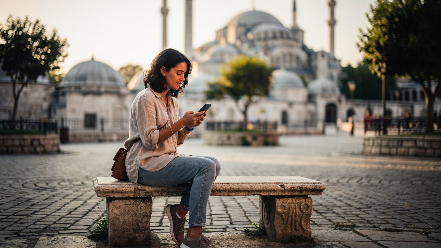 O turistă consultă harta pe telefon, așezată pe o bancă în fața Moscheii Albastre din Istanbul, la apus.