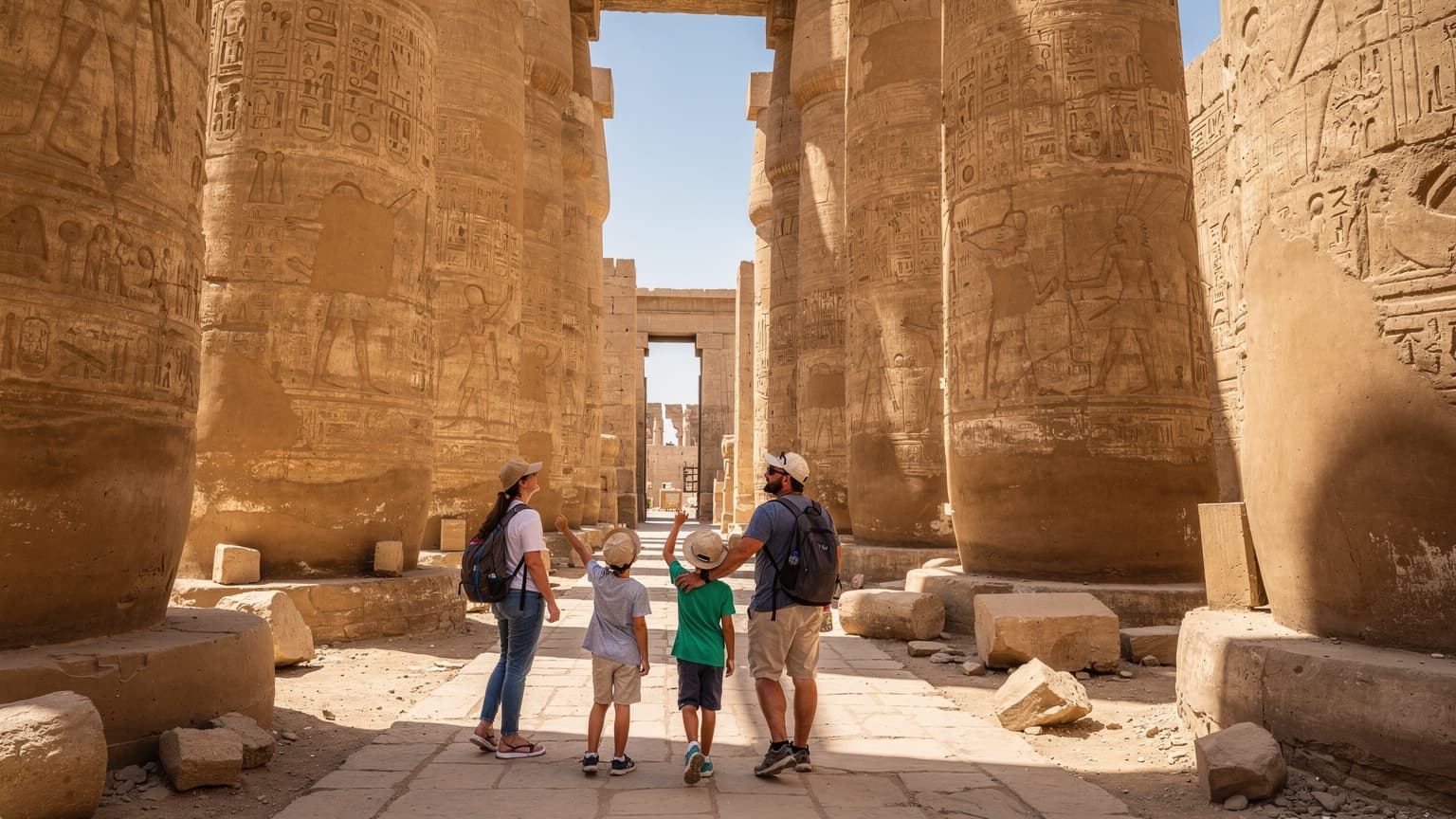 Une famille avec deux enfants, un garçon et une fille de 8 et 10 ans, explorant les ruines du temple de Karnak en Égypte, émerveillée par les colonnes imposantes.