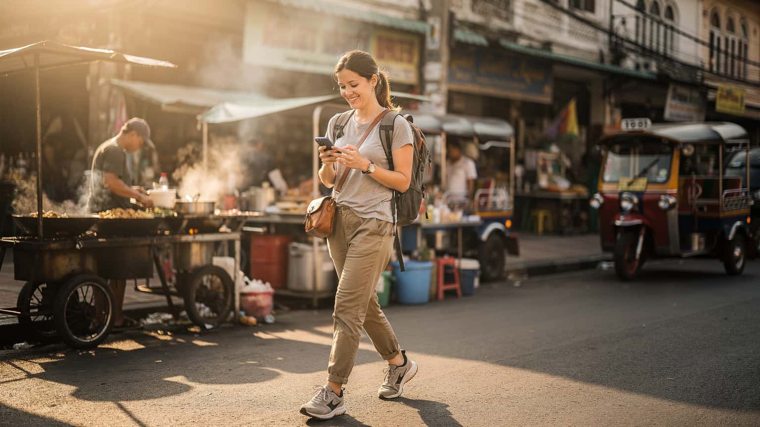 Une femme souriante navigue sur son téléphone en marchant le long d'une rue animée du quartier de Charoenkrung à Bangkok, avec des stands de street food et des tuk-tuks en arrière-plan sous un soleil de fin d'après-midi.