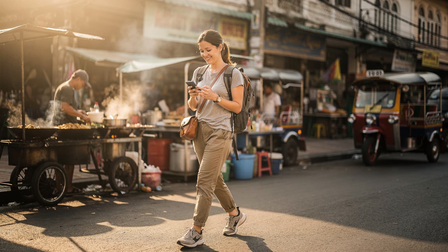 Une femme souriante navigue sur son téléphone en marchant le long d'une rue animée du quartier de Charoenkrung à Bangkok, avec des stands de street food et des tuk-tuks en arrière-plan sous un soleil de fin d'après-midi.