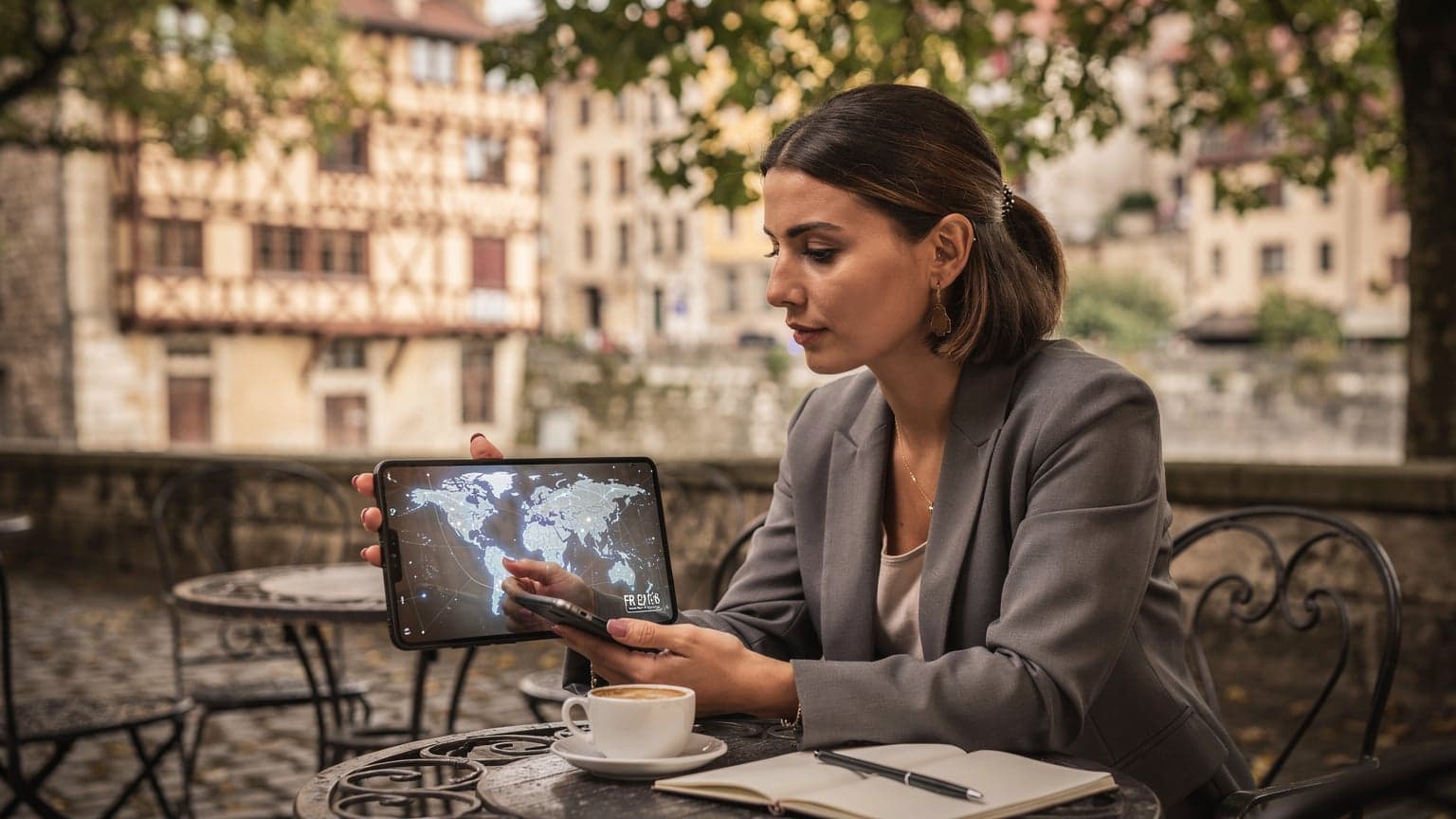 Une femme ingénieure en télécommunications examine son smartphone affichant une carte du monde, assise à une table de café en plein air à Lyon, avec des bâtiments haussmanniens en arrière-plan.