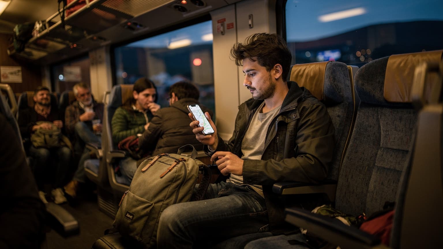 Un giovane backpacker italiano, Matteo Romano, con uno zaino leggero e il suo smartphone in mano, consulta una mappa digitale mentre si trova su un treno notturno sovraffollato da Sofia a Istanbul, con il paesaggio balcanico che scorre fuori dal finestrino e la luce fioca che illumina il suo volto concentrato.