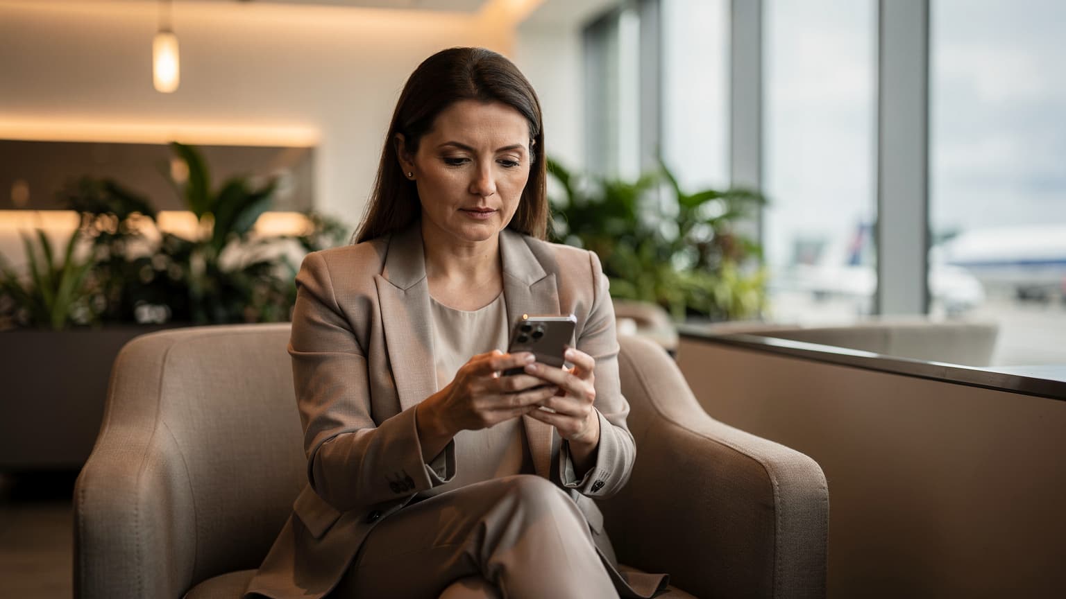 A woman in an airport lounge in Singapore Changi Airport, looking at her smartphone screen with a thoughtful expression, with her passport and a boarding pass visible on the table beside her.