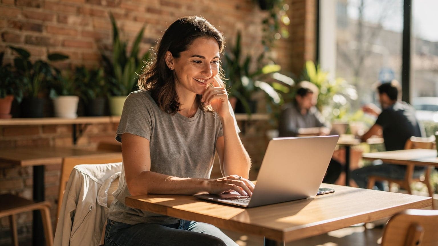 A woman with a laptop at a cafe in Lisbon, Portugal, looking confidently at her screen while connected to an eSIM.