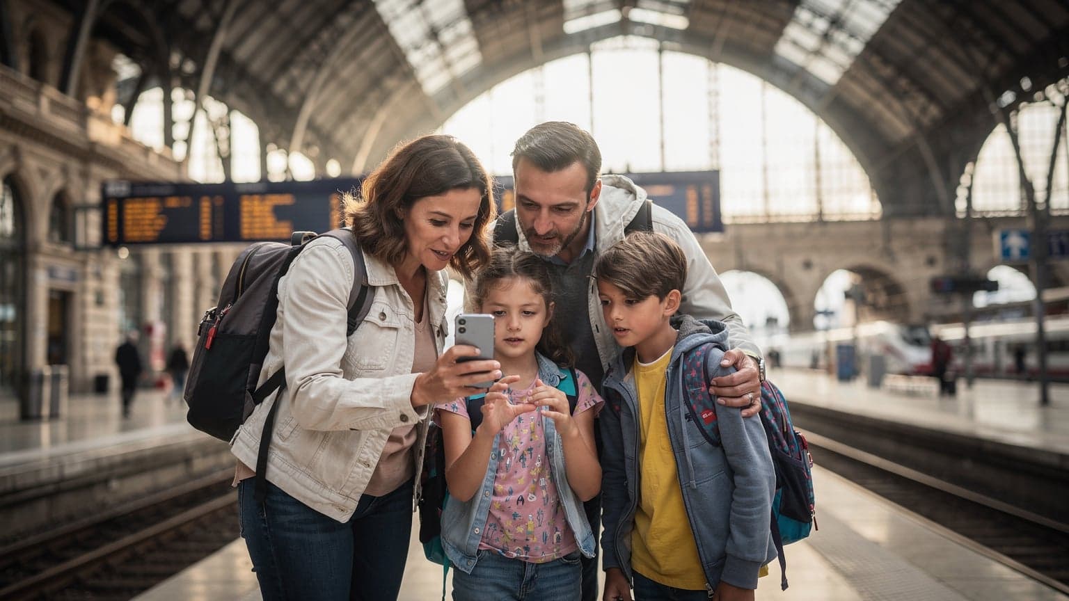 A family, two parents and two children, are looking at a map on a smartphone in a bustling European train station, with suitcases nearby.