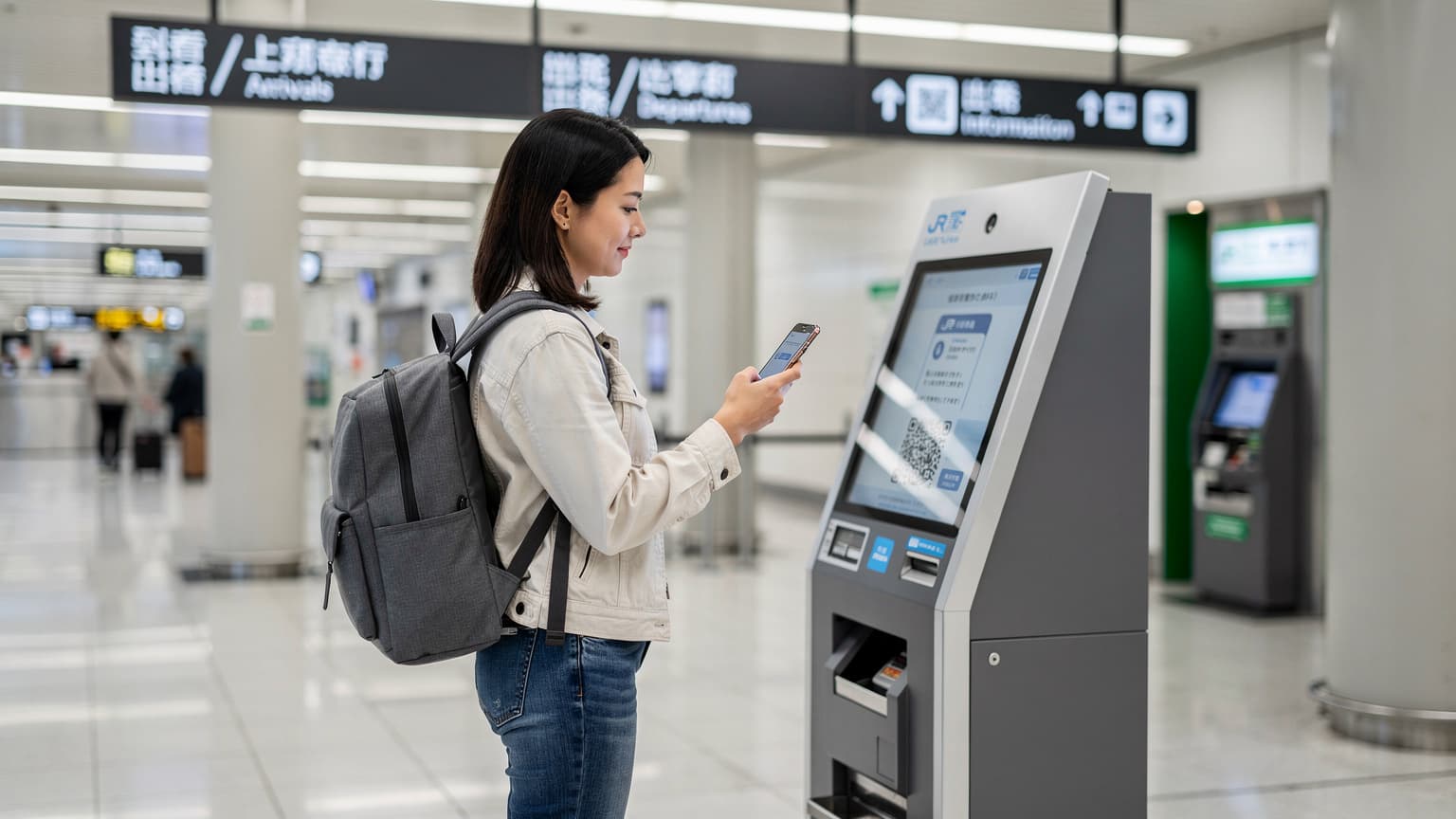 A woman at Narita Airport's Terminal 1, smiling as she checks her iPhone with an eSIM activation QR code displayed on a larger screen, a JR East ticket machine visible in the background, hinting at immediate connectivity upon arrival.