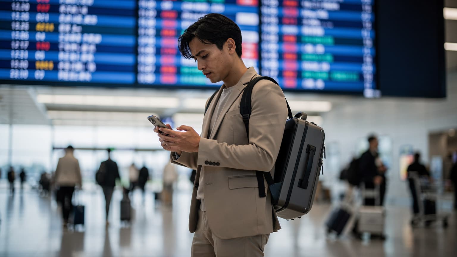 A traveler at Haneda Airport in Tokyo, looking at their iPhone with a focused expression, contemplating their connectivity options before boarding a flight.