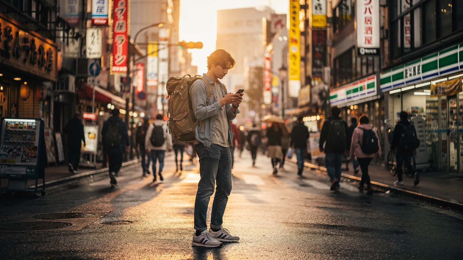 A budget backpacker checks their phone for directions on a bustling Tokyo street near Shinjuku Station, with neon signs blurring in the background.