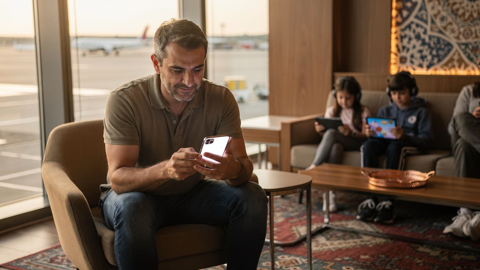 Bir baba, yeni iPhone'una eSIM aktarımı yaparken, iki çocuğu arka planda tabletlerinden Disney+ izliyor. Baba, teknoloji meraklısı ve seyahatlerde çocuklarının bağlantısını sağlamak için özen gösteriyor.