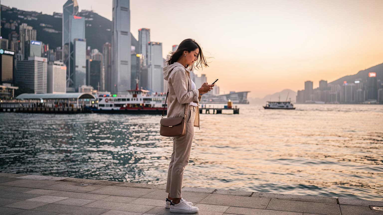 一位年輕女性在香港中環海濱長廊使用手機,背景是維多利亞港和高樓大廈,光線柔和。