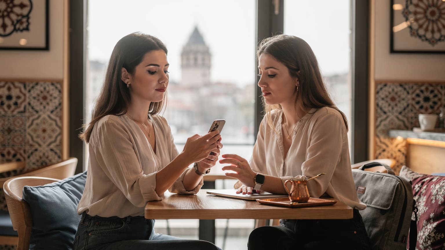 İstanbul'daki bir kafede oturan bir kadın, elinde iPhone'uyla eSIM kurulum ekranına bakıyor, arkasında Galata Kulesi'nin silüeti görünüyor.