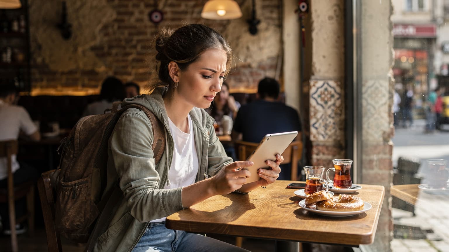 İstanbul'da bir kafede oturan, elinde iPad'iyle eSIM kurulum adımlarını takip eden genç bir sırt çantalı gezginin yakından çekilmiş fotoğrafı.