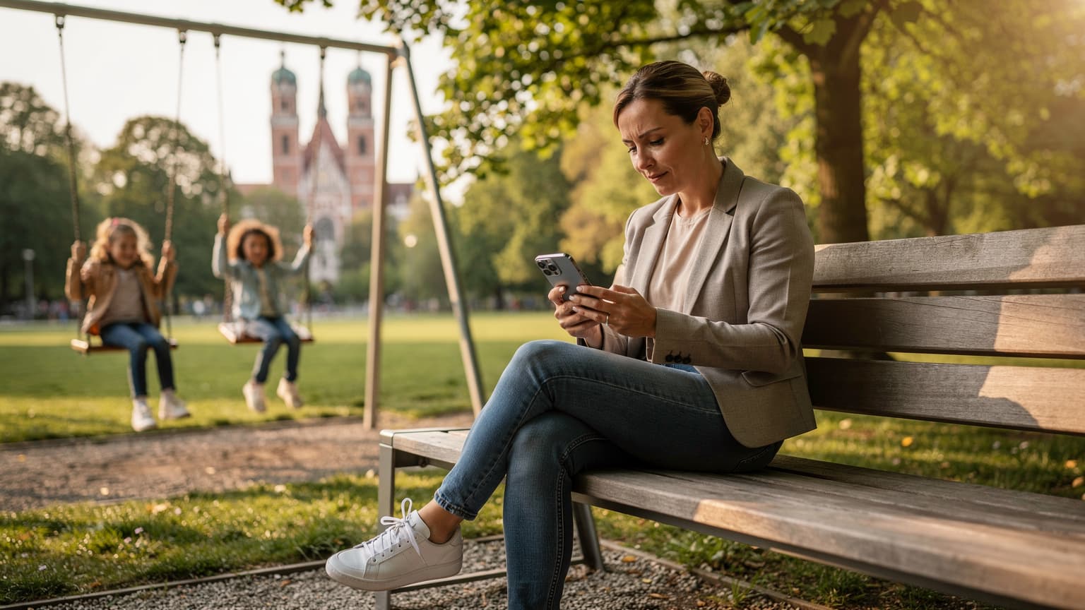 Eine Mutter sitzt auf einer Parkbank in München, ihr neues iPhone 15 Pro Max in der Hand, während ihre beiden Kinder im Hintergrund auf einem Spielplatz spielen, mit dem Marienplatz im Dunst.