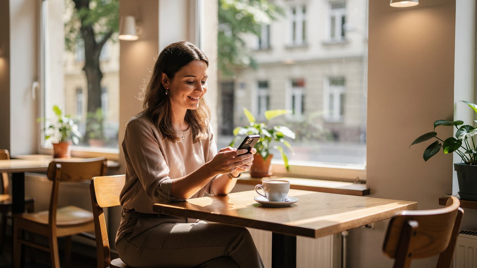 Eine Frau sitzt entspannt in einem Berliner Café in Prenzlauer Berg, schaut auf ihr Smartphone und genießt einen Kaffee, während im Hintergrund ein historisches Gebäude zu sehen ist.