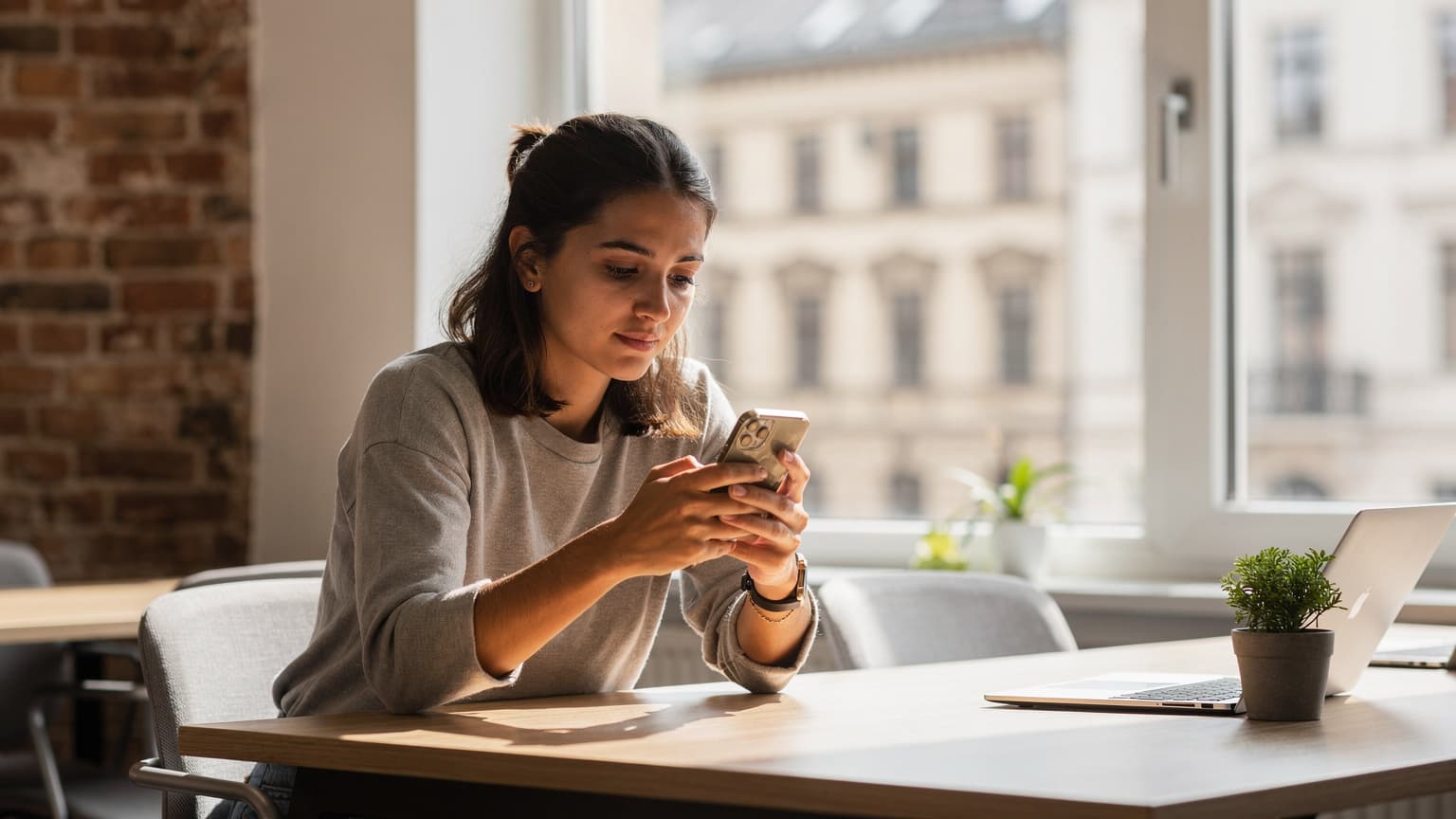 Eine Person sitzt in einem modernen Co-Working-Space in Berlin, schaut auf ihr iPhone und hält eine Tasse Kaffee, die entspannte Arbeitsatmosphäre widerspiegelt.