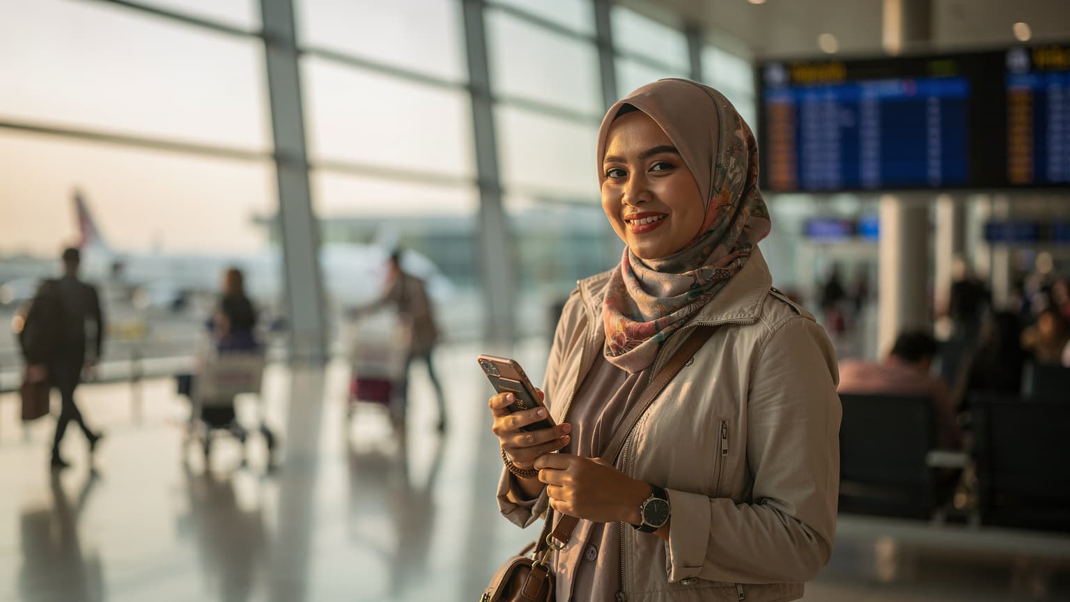 Seorang wanita Indonesia tersenyum lega sambil memegang paspor dan ponselnya di lobi keberangkatan Bandara Soekarno-Hatta, bersiap untuk perjalanan internasional.