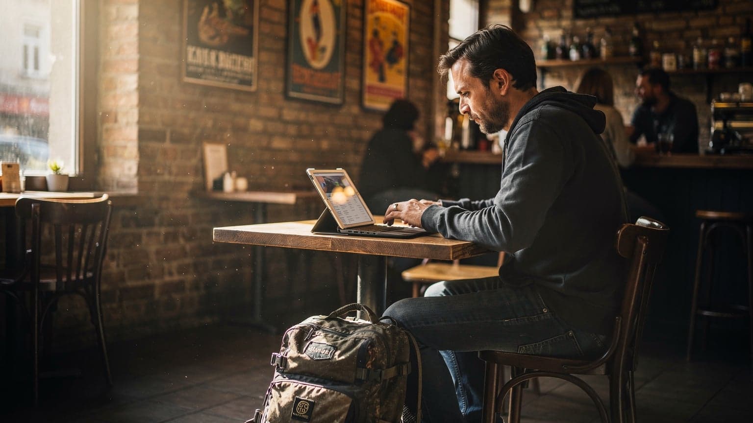 Ein Reisender mit Rucksack sitzt in einem sonnigen Café in Berlin-Kreuzberg, blickt auf sein iPad und trinkt einen Cappuccino, während er seine Reiseroute für den Balkan plant.