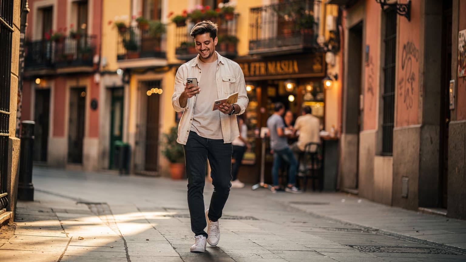 Un viajero sonríe mientras camina por el vibrante barrio de Malasaña en Madrid, revisando su iPhone 15 con una eSIM activada, rodeado de fachadas coloridas y balcones con flores.