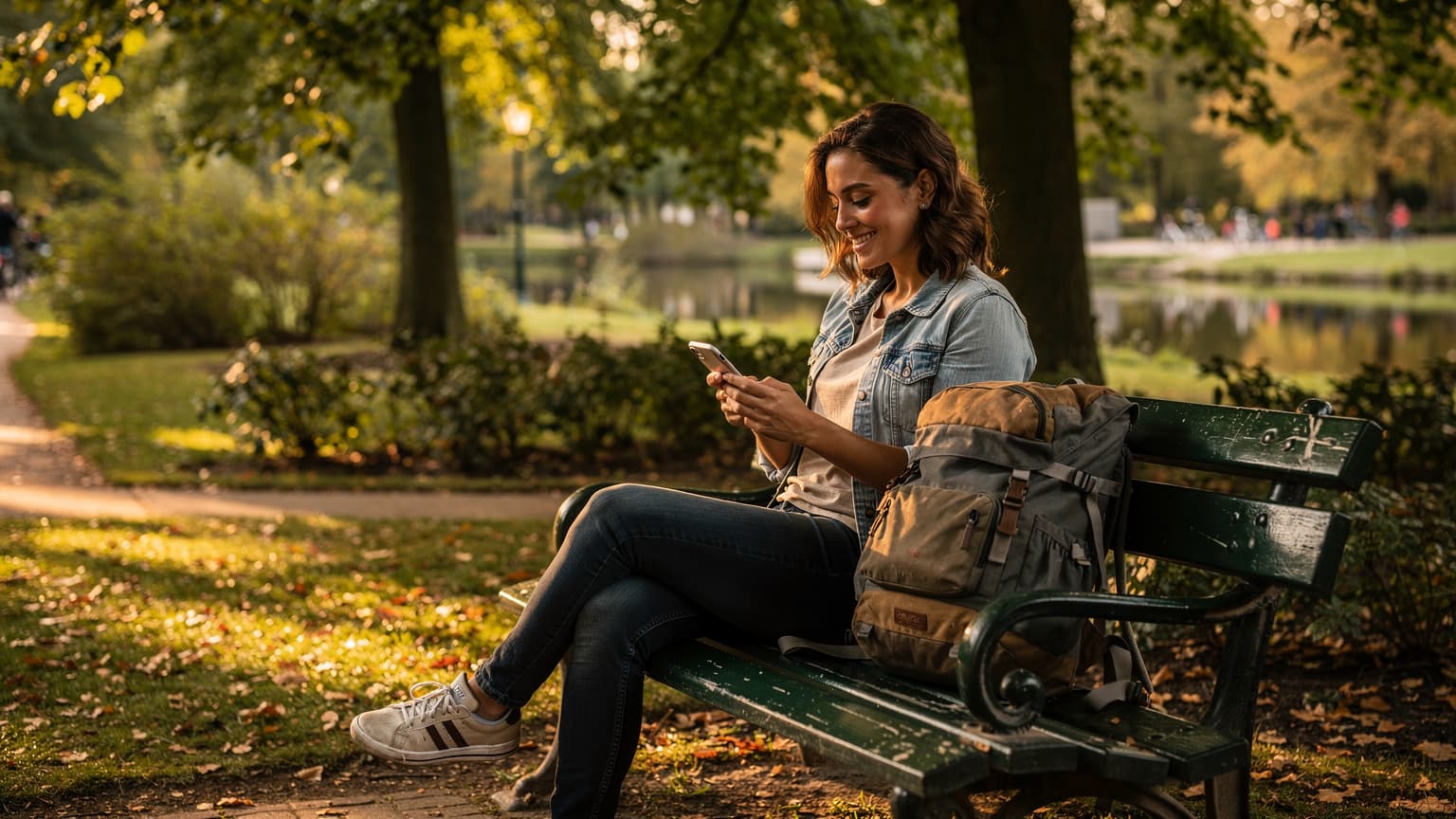 Een vrouw met een rugzak kijkt lachend naar haar telefoon terwijl ze op een bankje zit in het Vondelpark in Amsterdam, met de zon die zachtjes door de bomen filtert.