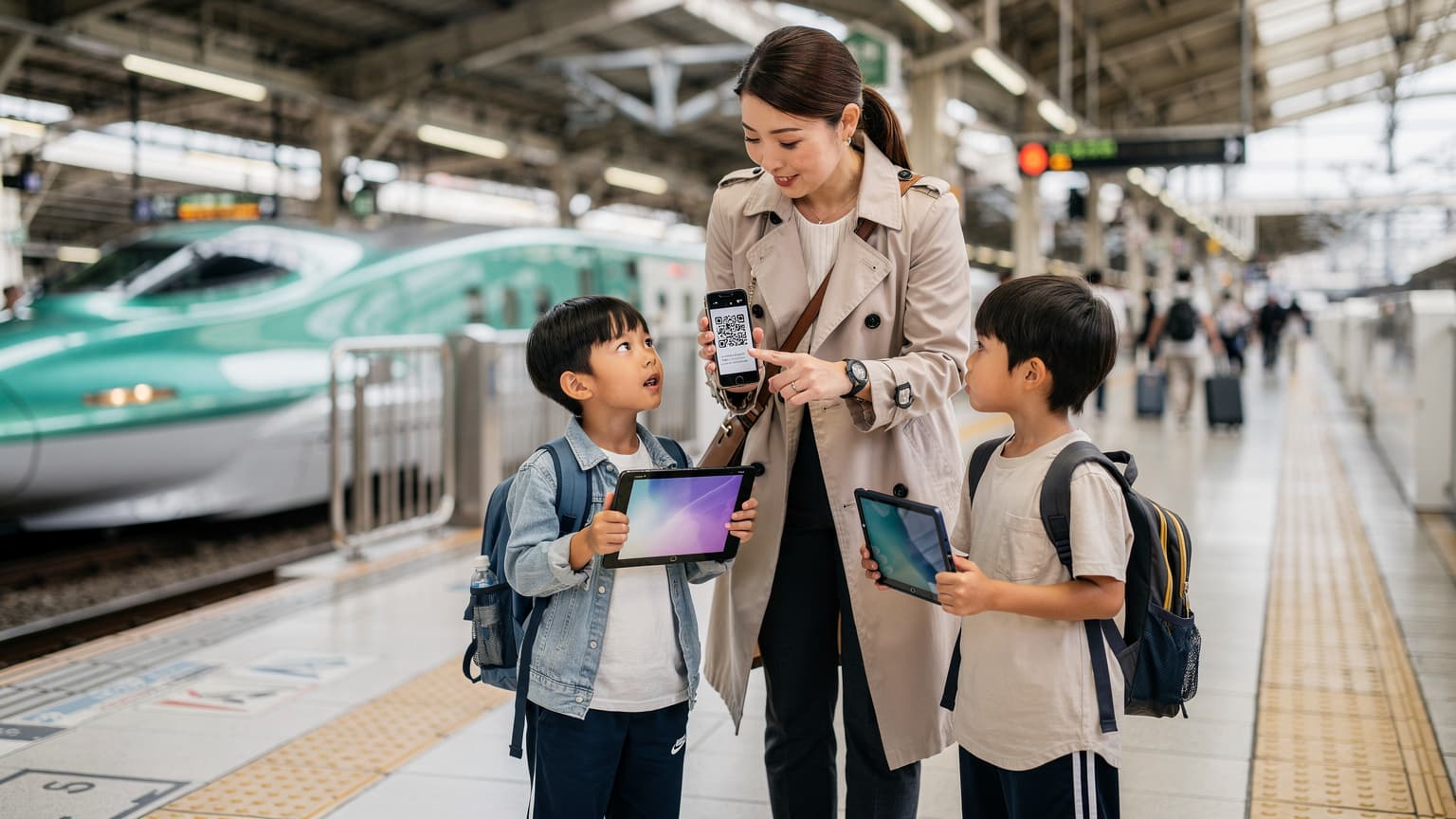 東京駅の新幹線ホームで、小学生くらいの子供がタブレットを見ながら母親がスマホでeSIMの設定画面を確認している様子。