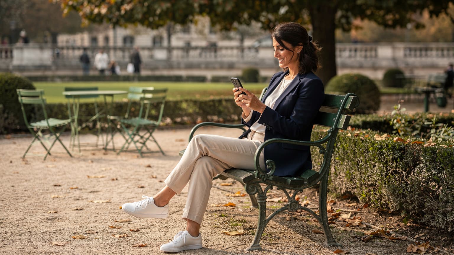 Une femme souriante, assise sur un banc en fer forgé dans le Jardin du Luxembourg à Paris, consulte son téléphone portable à l'ombre d'un grand arbre. Des passants flânent en arrière-plan et des chaises vertes sont visibles.