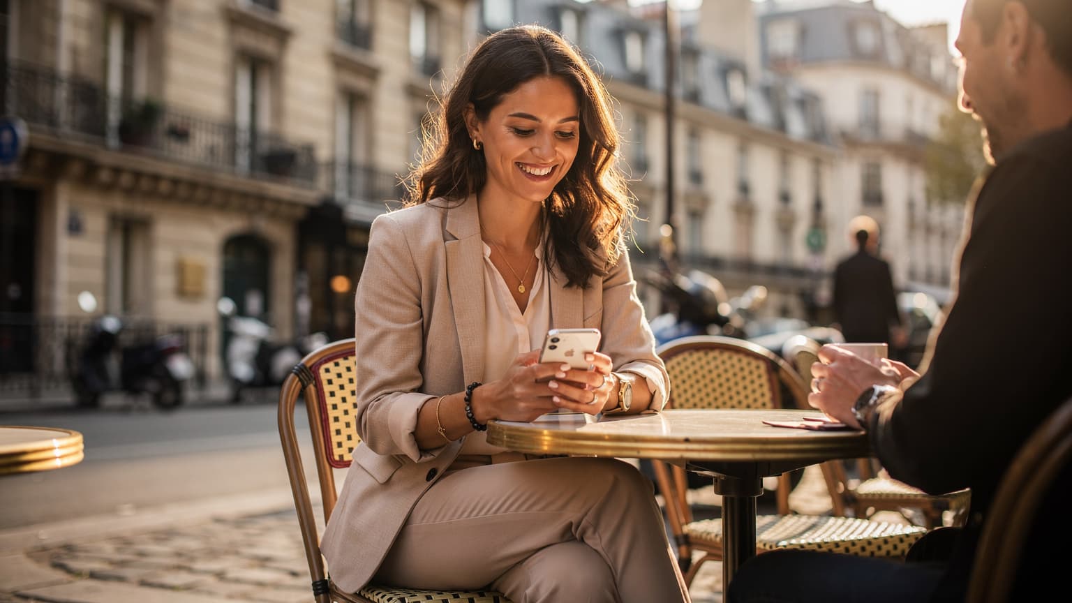 Une femme souriante, assise sur la terrasse d'un café parisien typique avec un fond de toits haussmanniens, regarde son iPhone et discute avec un ami.