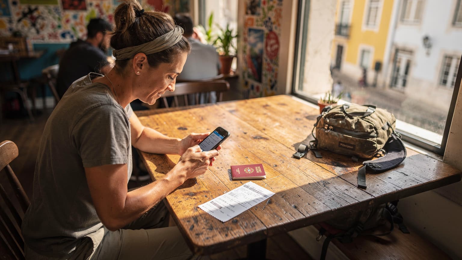 Uma mochila de viagem desgastada, um passaporte português, um iPhone 18 e um cartão de embarque, todos dispostos sobre uma mesa de madeira rústica em um hostel movimentado em Lisboa, com a luz dourada do sol da manhã entrando pela janela.