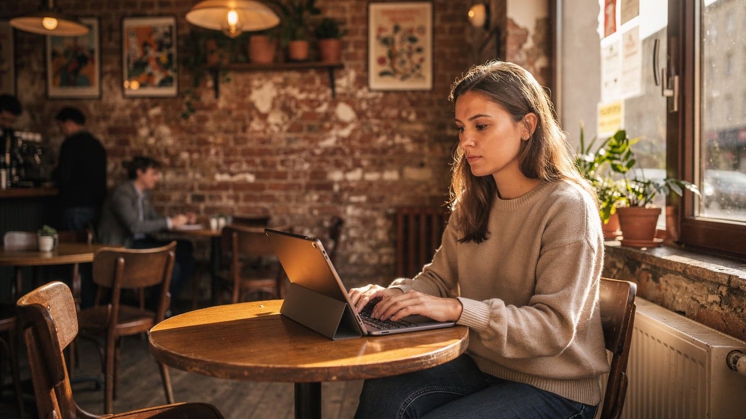 Une jeune femme, l'air concentré, tenant un iPad avec un clavier attaché et un petit sac à dos de voyage posé sur une table en bois d'un café animé du quartier de Kreuzberg à Berlin, avec une lumière douce de fin d'après-midi filtrant à travers la fenêtre.