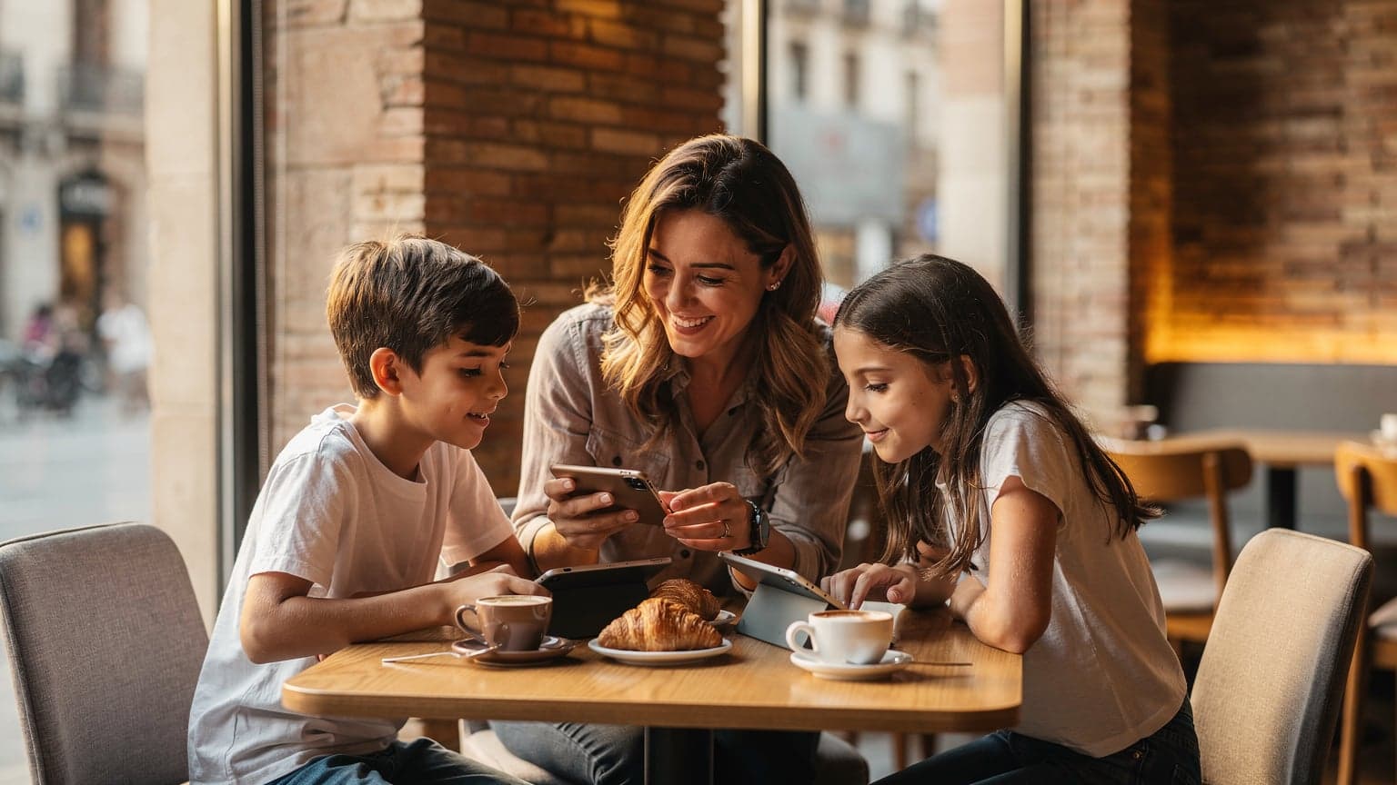 Una madre sonriente con sus dos hijos, un niño y una niña, sentados en un café moderno de Barcelona, ella les muestra algo en su nuevo iPhone mientras ellos miran sus iPads.