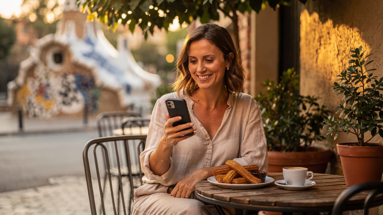 Una mujer sonriente, sentada en una terraza soleada en el barrio de Gràcia en Barcelona, sostiene su teléfono móvil mientras disfruta de un café, con el Parque Güell al fondo.