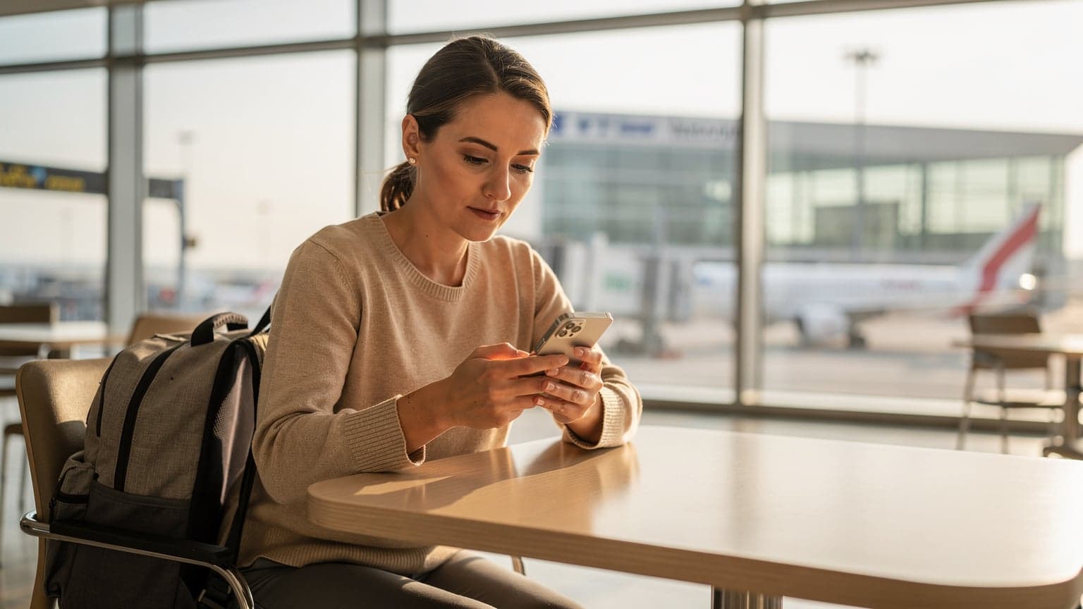 Una viajera activa su eSIM en un iPhone mientras espera en la zona de embarque del Aeropuerto de Barajas en Madrid, con una taza de café a su lado.