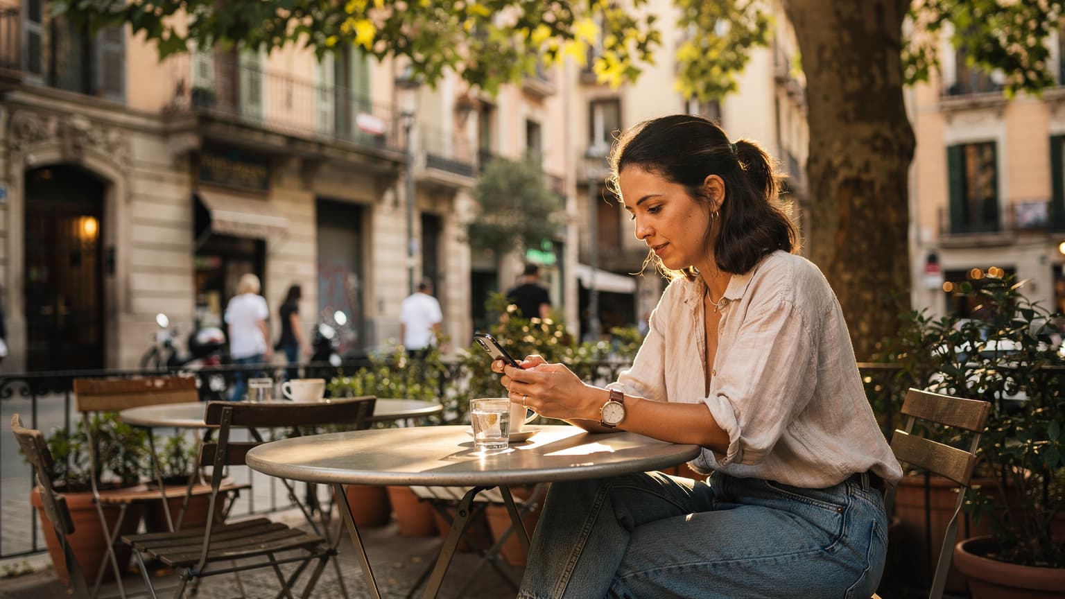 Una persona sentada en la terraza de un café en el barrio de Gràcia en Barcelona, mirando su iPhone mientras toma un café. La pantalla del teléfono muestra un mapa.