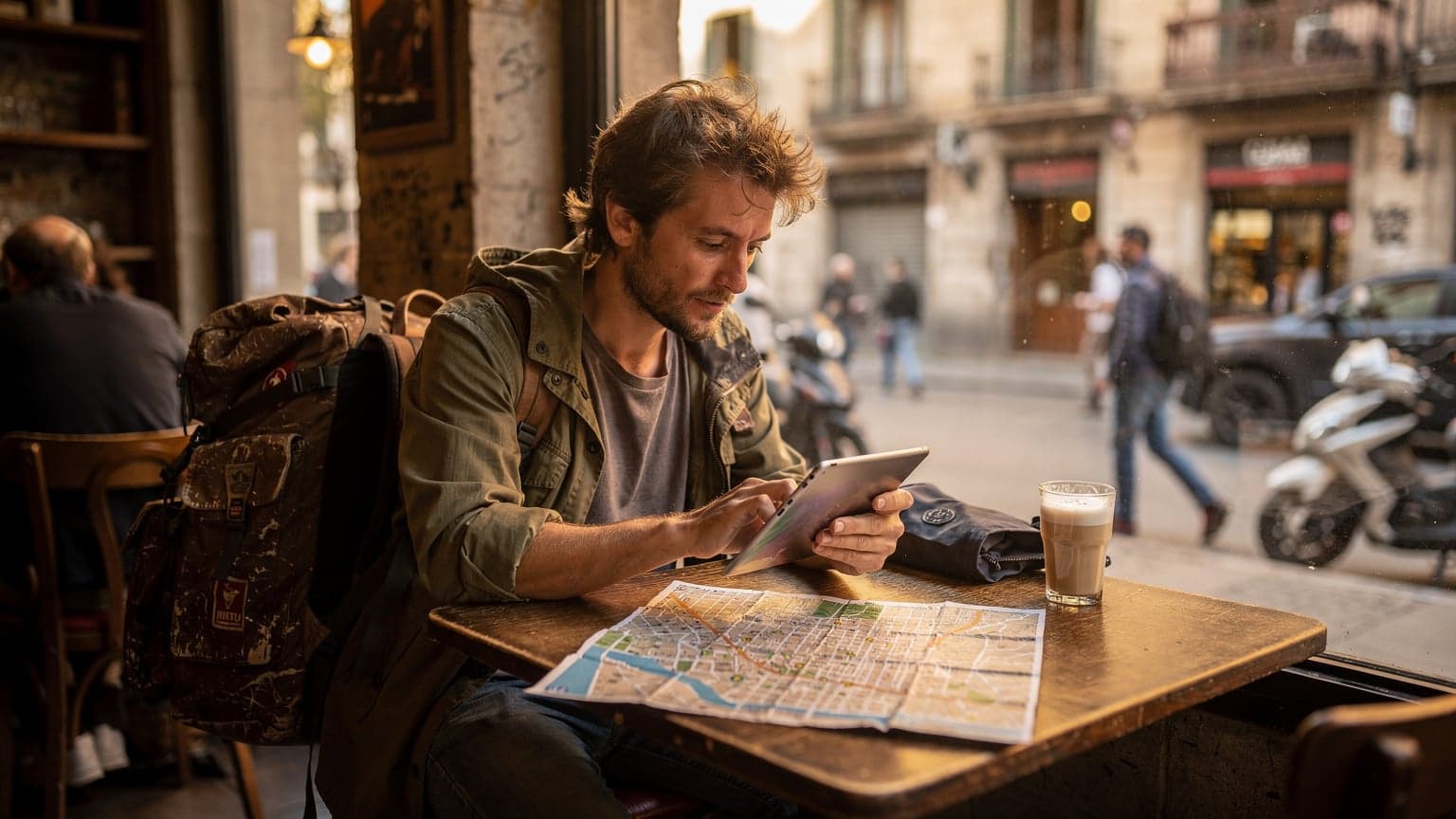 Un viajero con mochila usando un iPad en una cafetería ruidosa cerca de la Plaza Catalunya en Barcelona, comprobando mapas y horarios de autobuses nocturnos.