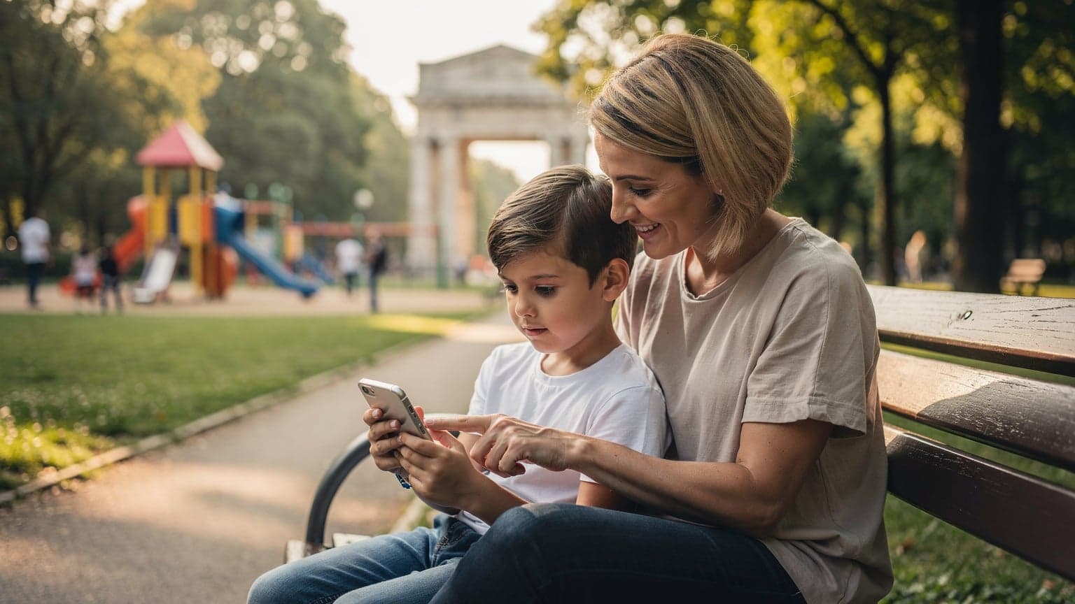 Una madre sorride mentre aiuta suo figlio ad impostare il suo nuovo iPhone, entrambi seduti su una panchina in un parco giochi soleggiato di Milano, con un passeggino sullo sfondo.