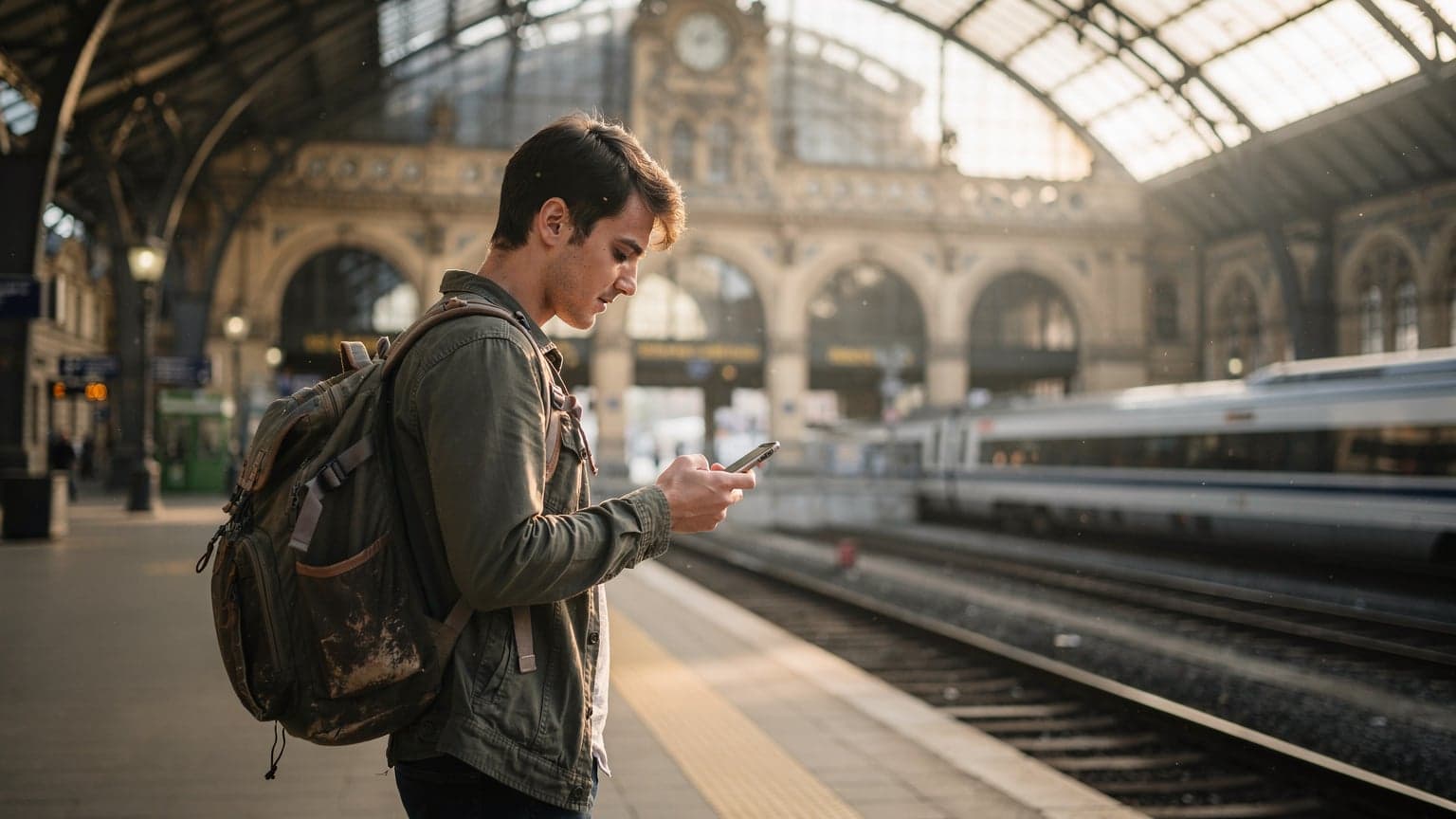 Mladý muž s batohem kontroluje svůj mobilní telefon na rušném vlakovém nádraží v Praze, s pozadím historické budovy Hlavního nádraží a odjíždějícího vlaku.