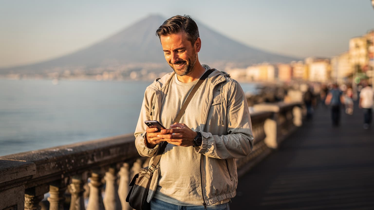 Un viaggiatore sorridente in piedi sul lungomare di Napoli, con il Vesuvio sullo sfondo, controlla il suo smartphone. La luce del tramonto illumina la scena.
