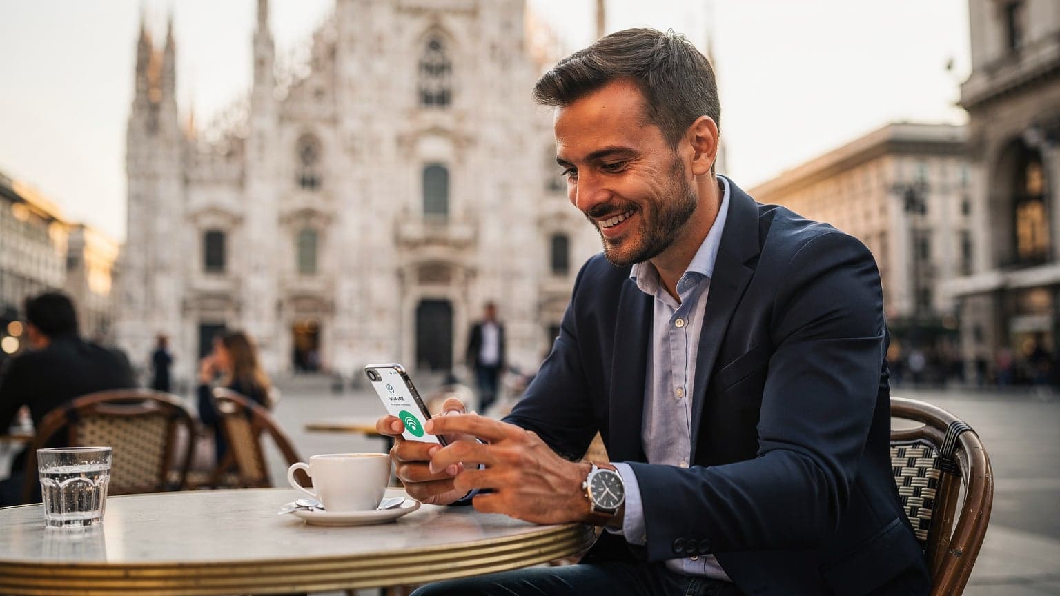 Un uomo sorride mentre guarda il suo iPhone con una eSIM attiva, seduto a un tavolino di un caffè storico in Piazza Duomo, Milano, con il Duomo sullo sfondo sfocato.