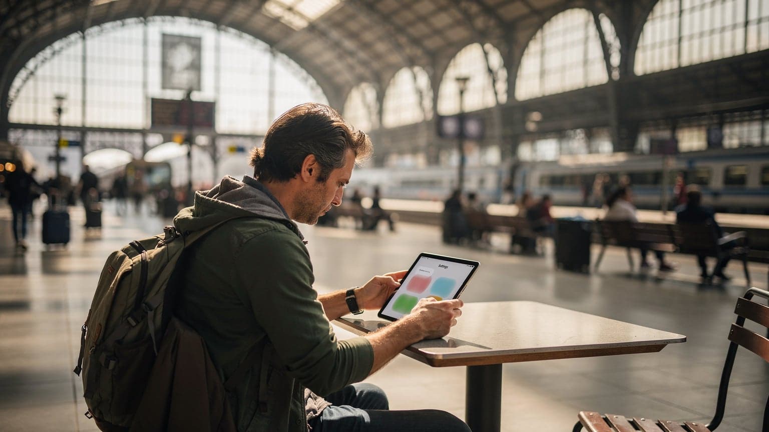 Un viaggiatore zaino in spalla sta controllando il suo iPad Pro con una eSIM attiva, mentre aspetta il treno alla Stazione Centrale di Milano, con un caffè sul tavolino.