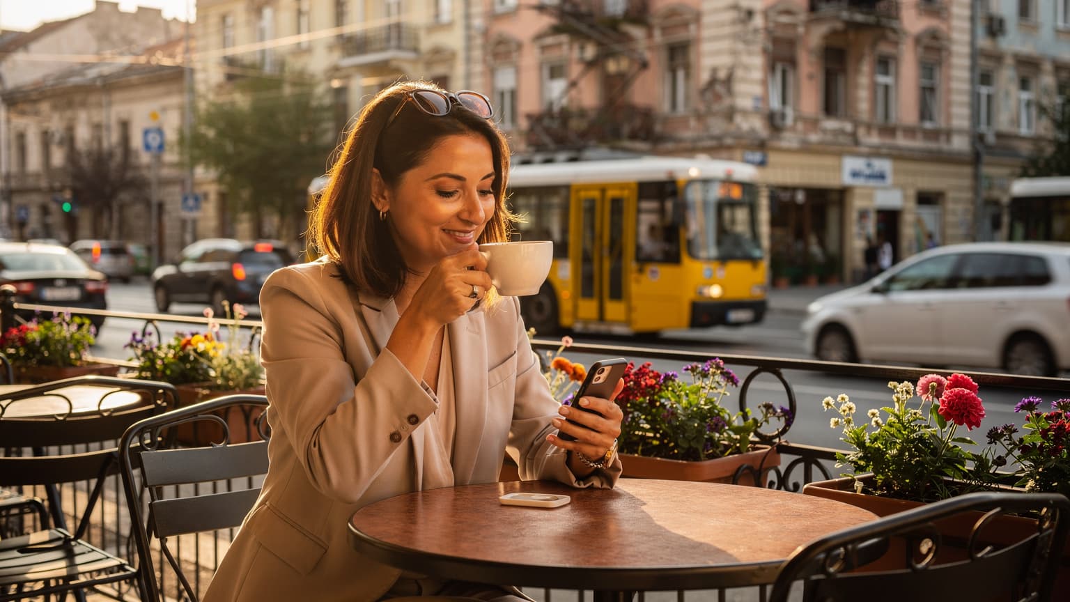 O femeie zâmbitoare, cu ochelari de soare pe cap, savurează o cafea pe terasa unui local din Piața Romană, București, verificând notificările pe telefonul său modern, în timp ce un tramvai BVG trece în fundal. Lumina caldă a dimineții aurii filtrează printre clădirile istorice.